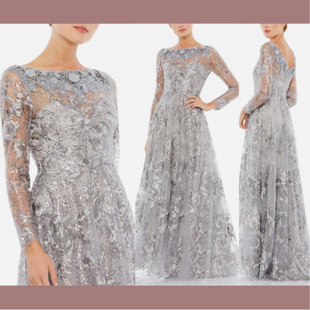 NEW $798‎ Mac Duggal [ 16 ] Floral Embroidered Illusion Long Sleeve Gown Silver